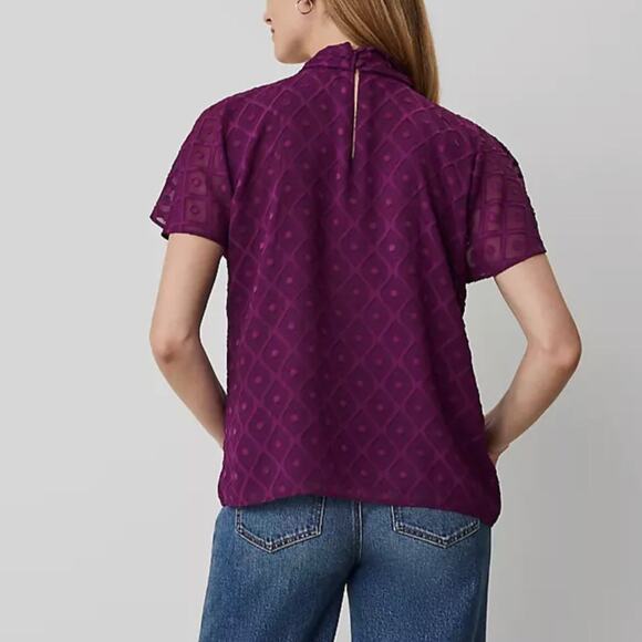 Ann Taylor Mock Neck Bow Lined Polka Dot Purple Top Women’s Size S - Picture 2 of 10